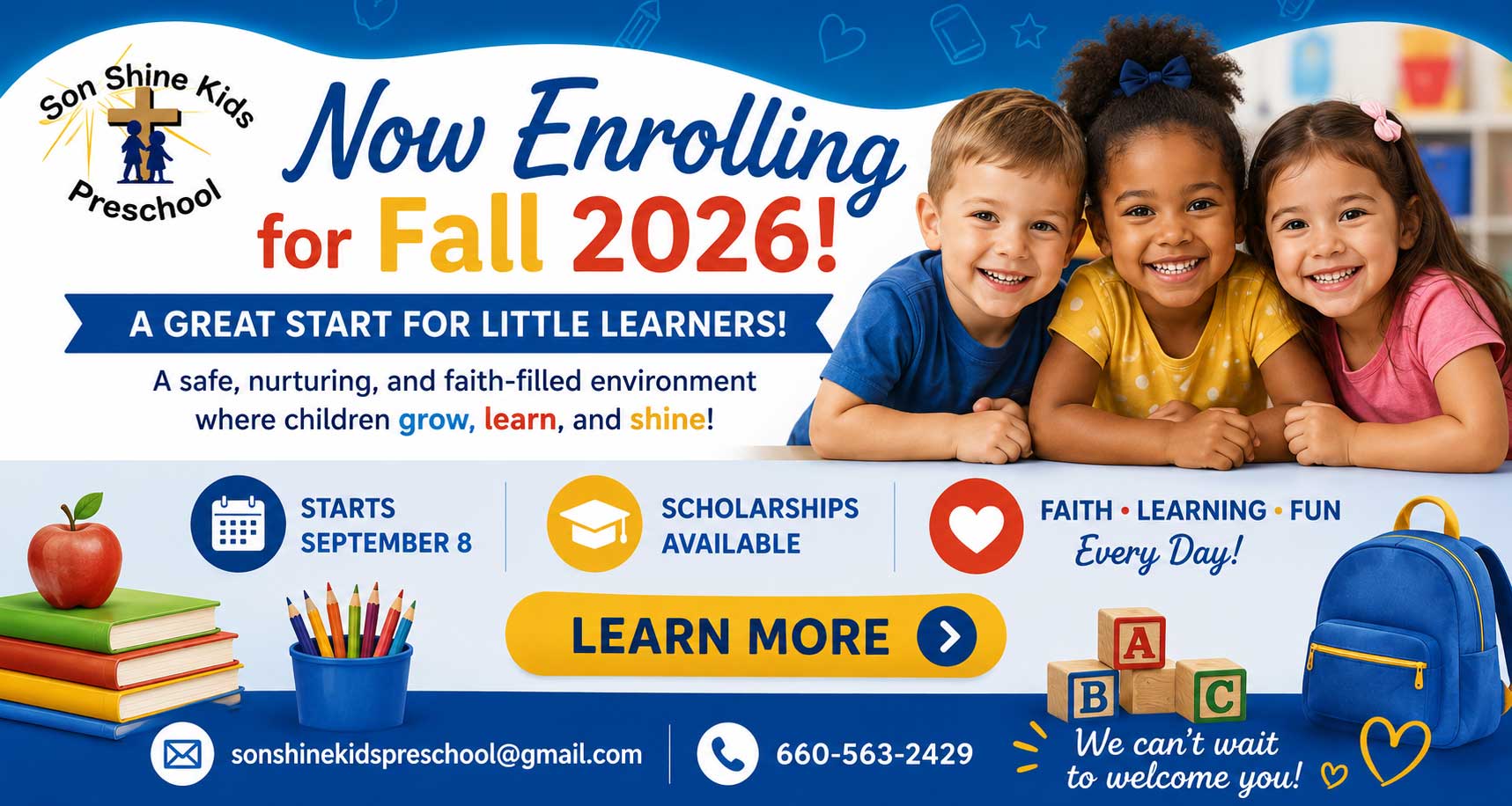 Son Shine Kids Preschool is enrolling for Fall 2026. Classes begin September 8, and scholarships are available.